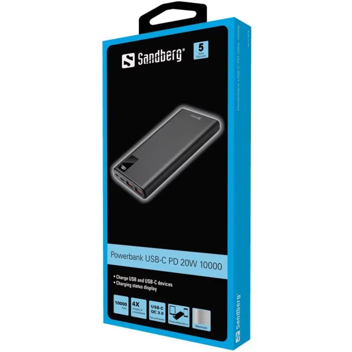Батарея універсальна Sandberg 10000mAh, PD/20W, QC3.0, USB Type-C, USB-A*2 (420-58) зображення 2