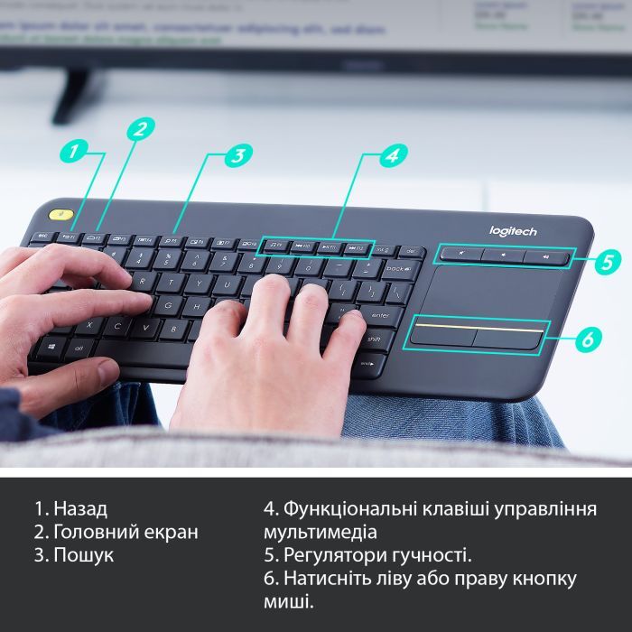 Клавіатура Logitech K400 Plus Touch Wireless UA Black (920-007145) зображення 6