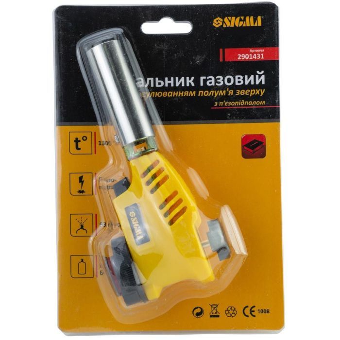 Газовый паяльник Sigma с регулировкой пламени сверху и пьезоподжигом 20мм 153мм (2901431) изображение 3