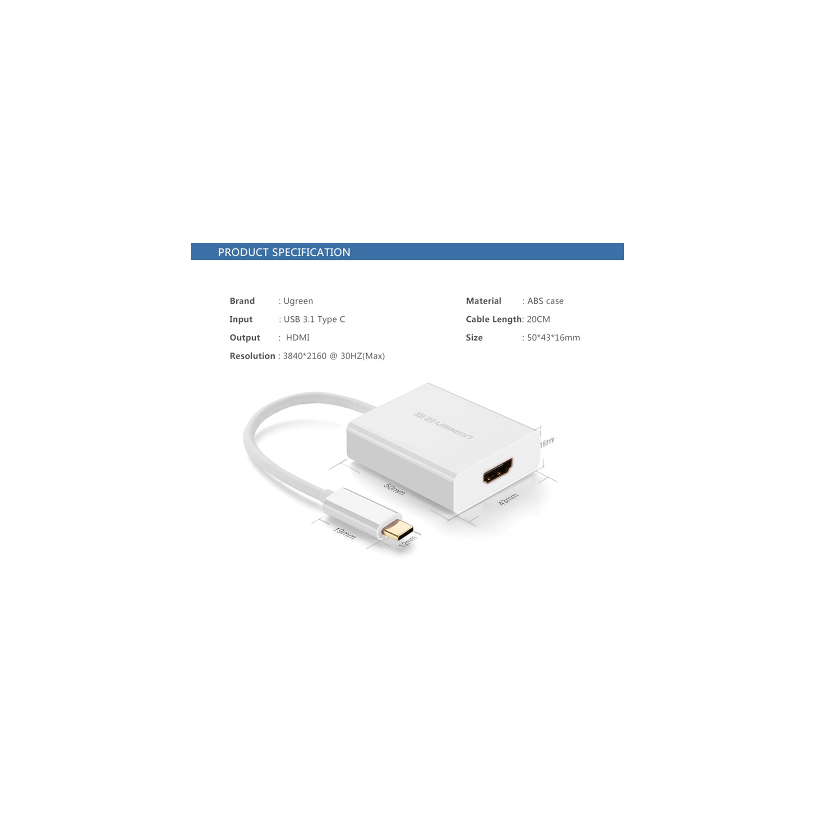 Переходник USB2.0 Type-C to HDMI V1.4b 40273 white Ugreen (40273) изображение 4