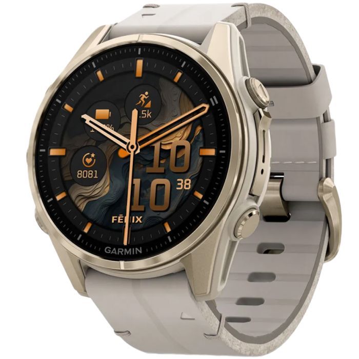 Смарт-часы Garmin fenix 8 43mm, AMOLED, Saph, SftGldSS/FogGryLeatherBnd, Excl, GPS (010-02903-40)