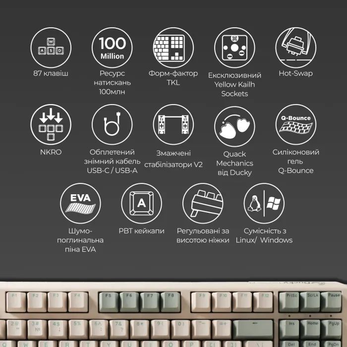 Клавиатура Ducky One 3 TKL Cherry MX Silent Red UA USB Cream (DKON2187-SUAPXМAEGGC1) изображение 4