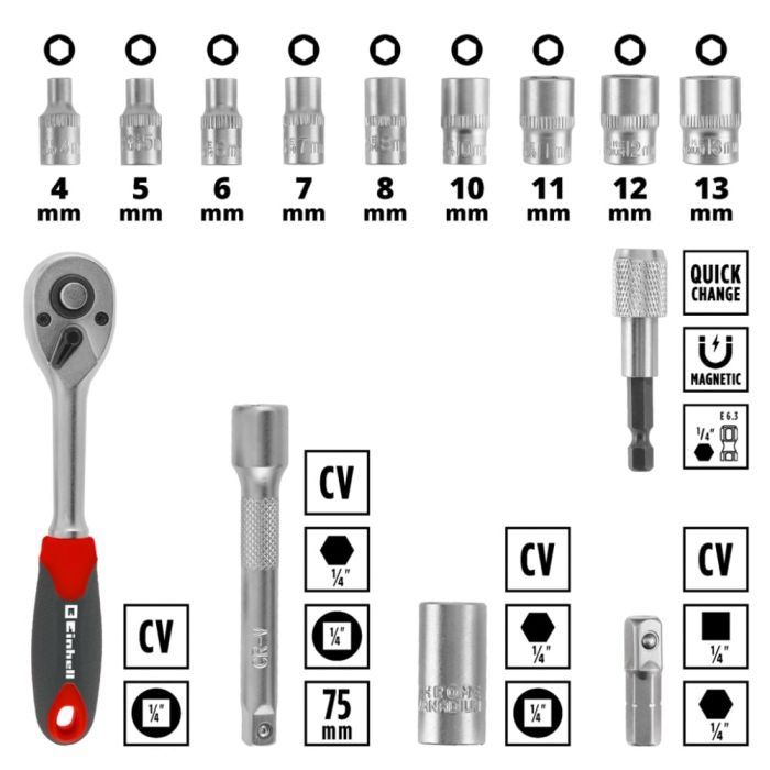Набор инструментов Einhell бит и головок, 1/4" 4-13мм, 37шт, кейс (109022) изображение 6