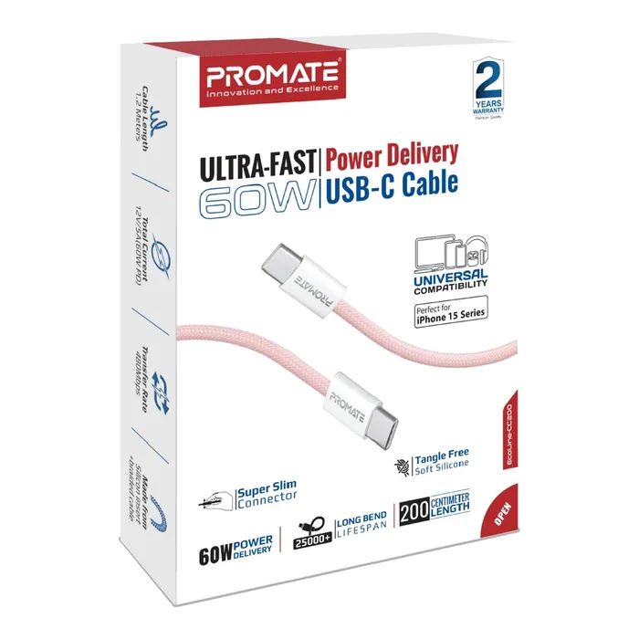 Дата кабель USB-C to USB-C ecoline-cc200.pink Promate (ecoline-cc200.pink) изображение 2