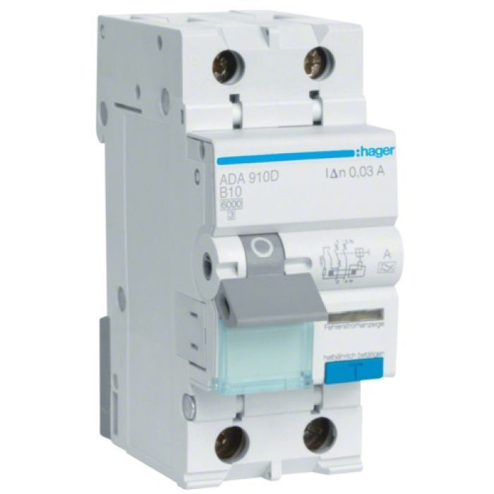 Дифференциальный автоматический выключатель Hager 1-п.+N 10A B 30mA (6kA) A (B) (ADA910D)