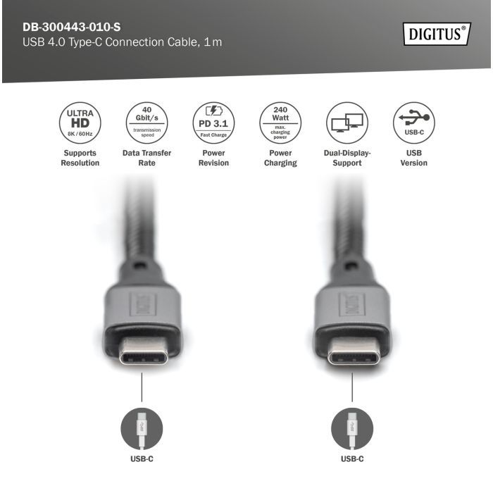 Дата кабель USB-C to USB-C 3.0m USB 4.0 black Digitus (DB-300443-030-S) изображение 6