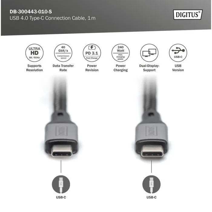 Дата кабель USB-C to USB-C 1.0m USB 4.0 black Digitus (DB-300443-010-S) изображение 6