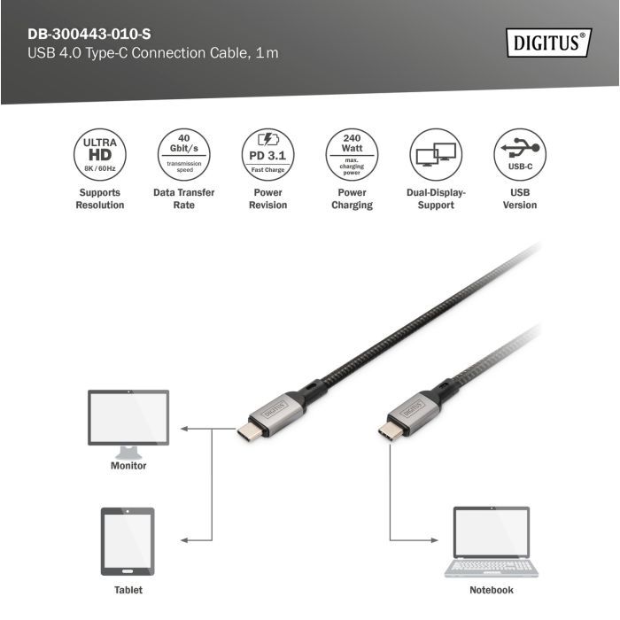 Дата кабель USB-C to USB-C 3.0m USB 4.0 black Digitus (DB-300443-030-S) изображение 7