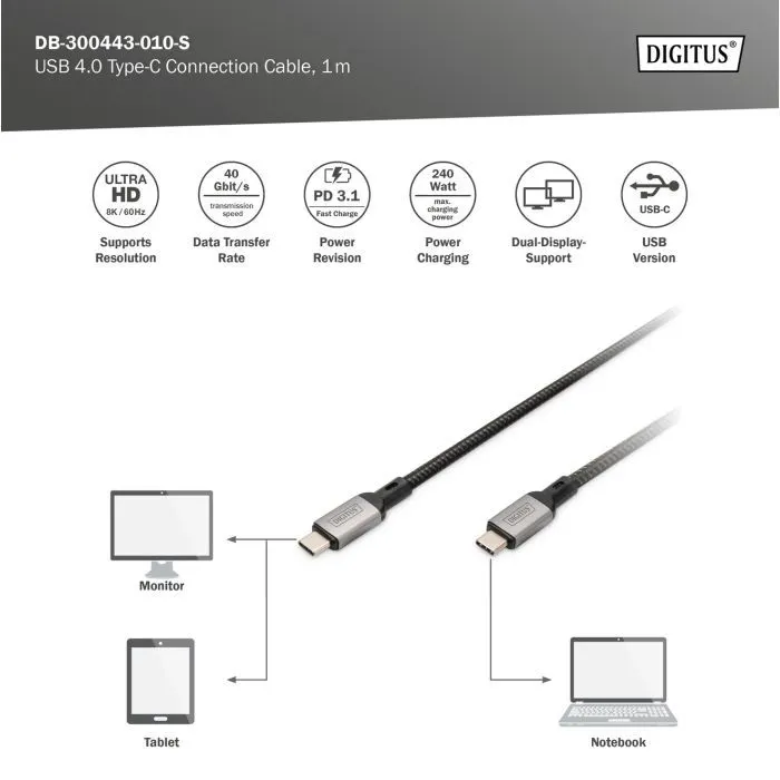 Дата кабель USB-C to USB-C 1.0m USB 4.0 black Digitus (DB-300443-010-S) изображение 7