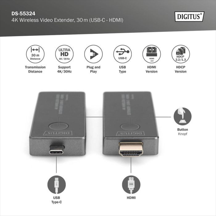 Адаптер HDMI extender 30m USB-C to HDMI 4K UHD wireless black Digitus (DS-55324) изображение 6