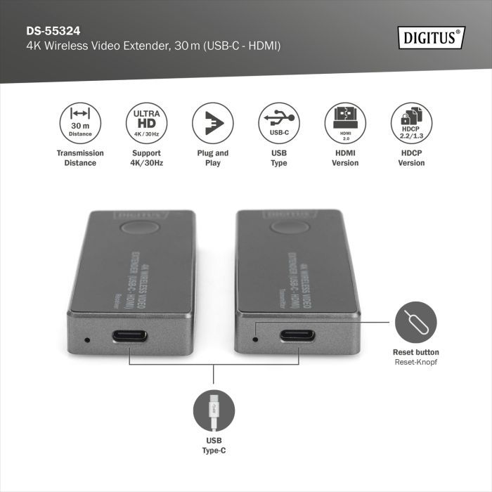 Адаптер HDMI extender 30m USB-C to HDMI 4K UHD wireless black Digitus (DS-55324) изображение 7