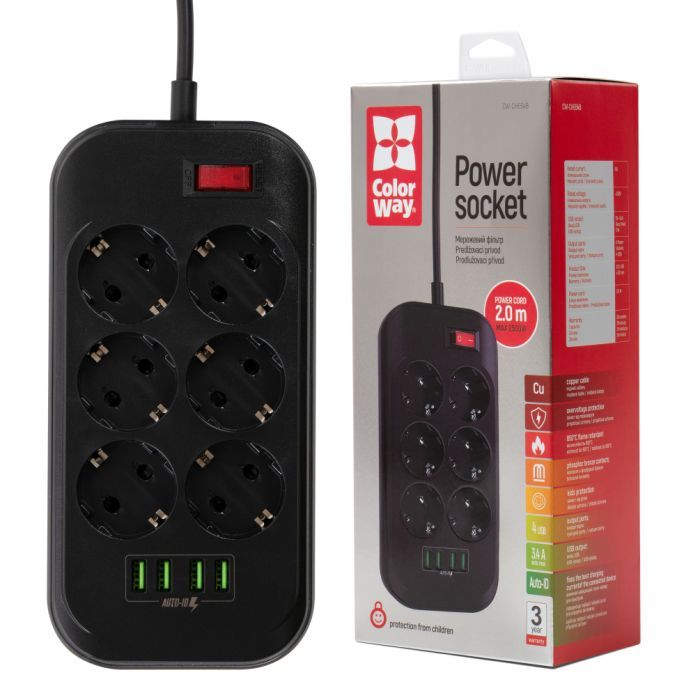 Мережевий фільтр живлення ColorWay CW-CHE64B, 6 розеток/4USB Black (CW-CHE64B) зображення 12