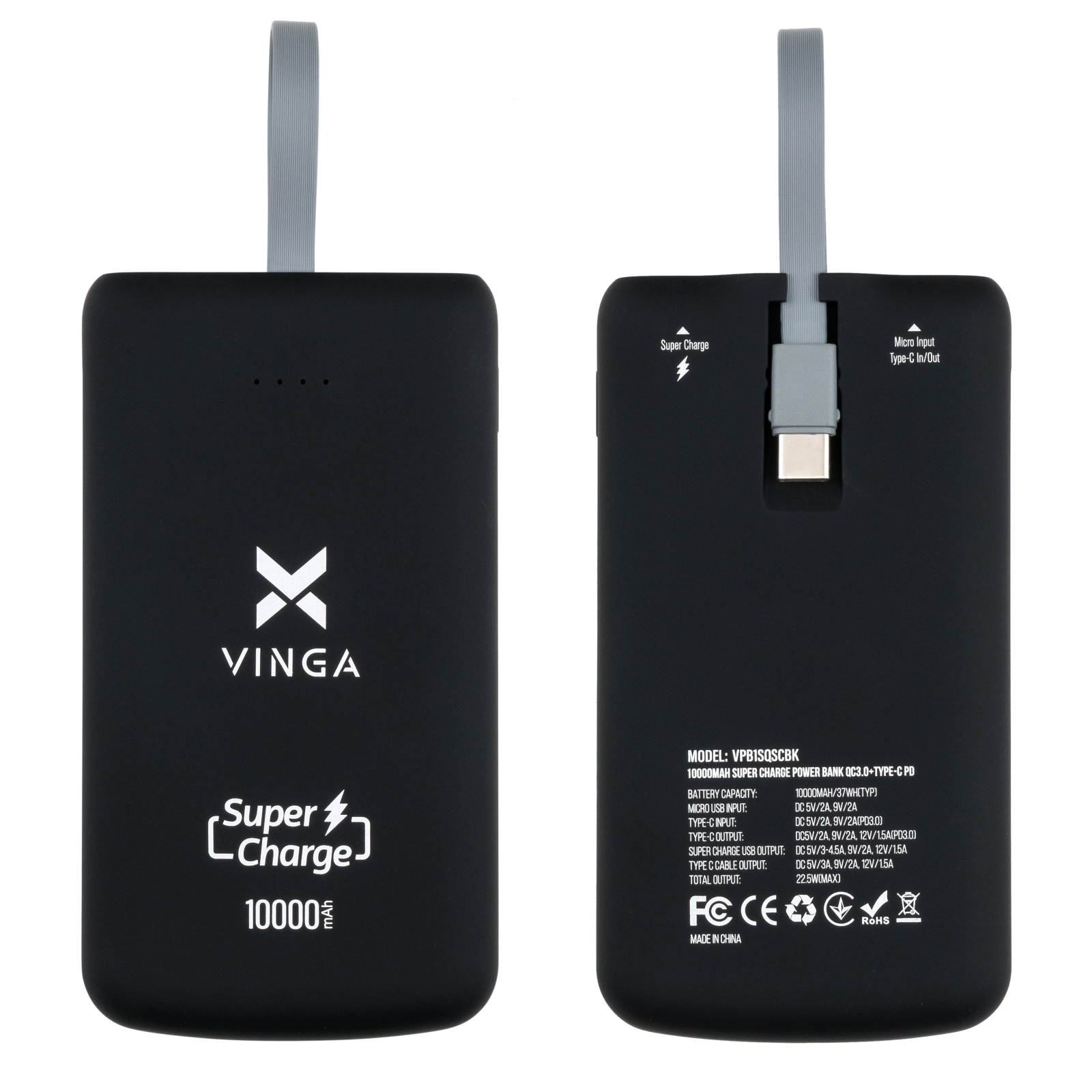 Батарея універсальна Vinga 10000 mAh SuperQC soft touch w/cable 22.5W dark grey (VPB1SQSCDG) зображення 8