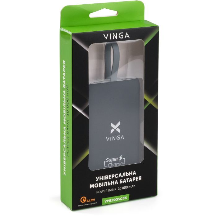 Батарея универсальная Vinga 10000 mAh SuperQC soft touch w/cable 22.5W black (VPB1SQSCBK) изображение 3