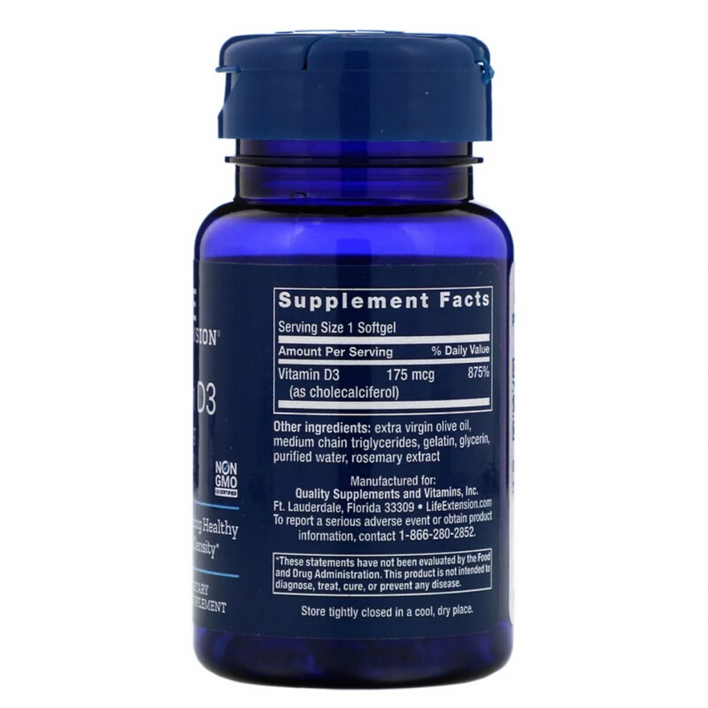 Вітамін Life Extension Вітамін D3, Vitamin D3, 175 мкг (7000 МE), 60 гелевих капсул (LEX-17186) зображення 2