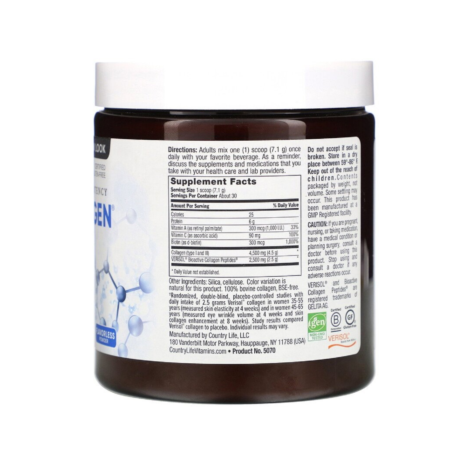 Витамин Country Life Коллаген 1 и 3 Типов + Биотин, Maxi Collagen, 7,5 унций (21 (CLF-05070) изображение 2