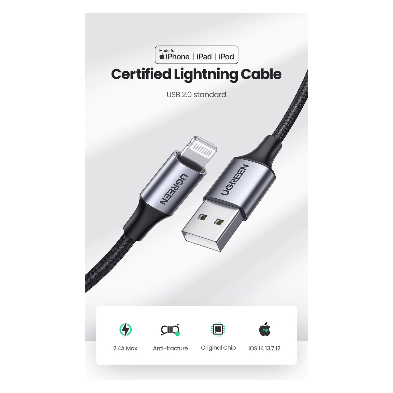 Дата кабель USB 2.0 AM to Lightning 2.0m US199 2.4A Black Ugreen (60158) изображение 3