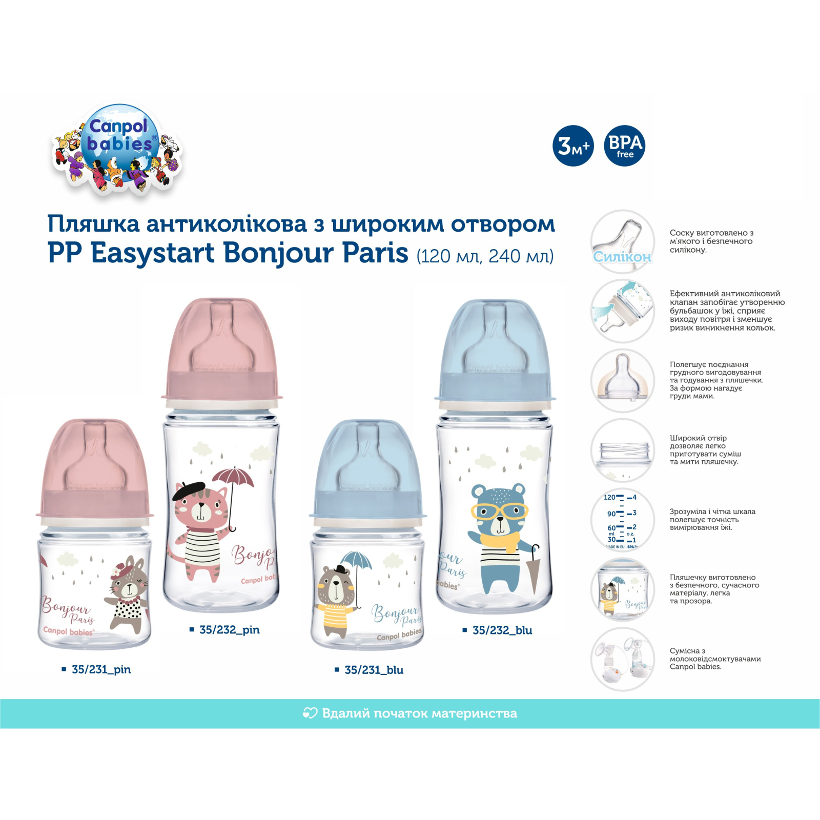 Пляшечка для годування Canpol babies Bonjour Paris з широким отвором 240 мл Рожева (35/232_pin) зображення 4