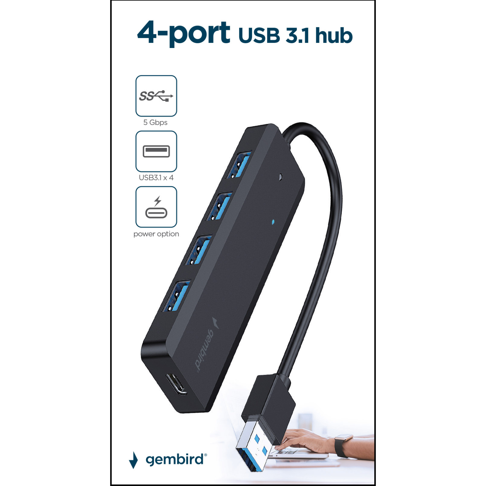 Концентратор Gembird 4 ports USB 3.1,USB-A, USB-C PD (UHB-U3P4P-02) изображение 3