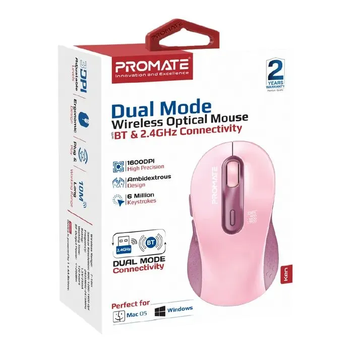Мишка Promate Ken Wireless/Bluetooth Pink (ken.pink) зображення 2