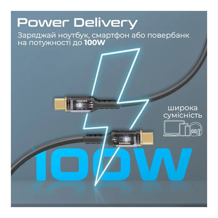 Дата кабель USB-C to USB-C lucidline-cc120.navy Promate (lucidline-cc120.navy) изображение 3