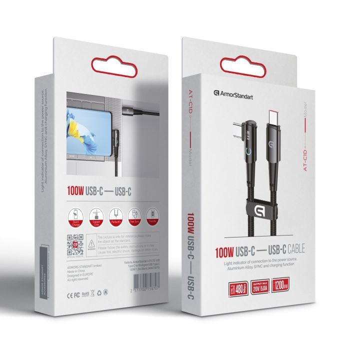 Дата кабель USB-C to USB-C 1.2m 90-degree 100W black Armorstandart (ARM75870) зображення 2