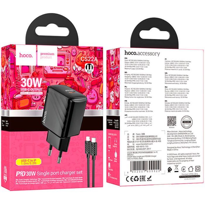 Зарядний пристрій HOCO CS22A Value USB-C PD30W + cable USB-C to Lightning Black (6942007609920) зображення 6