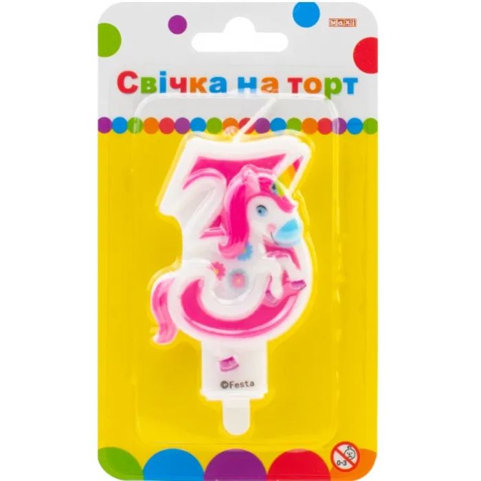 Свеча Maxi двостороння "3" із зображенням єдинорога висотою 7,62 см (MX622066-3)