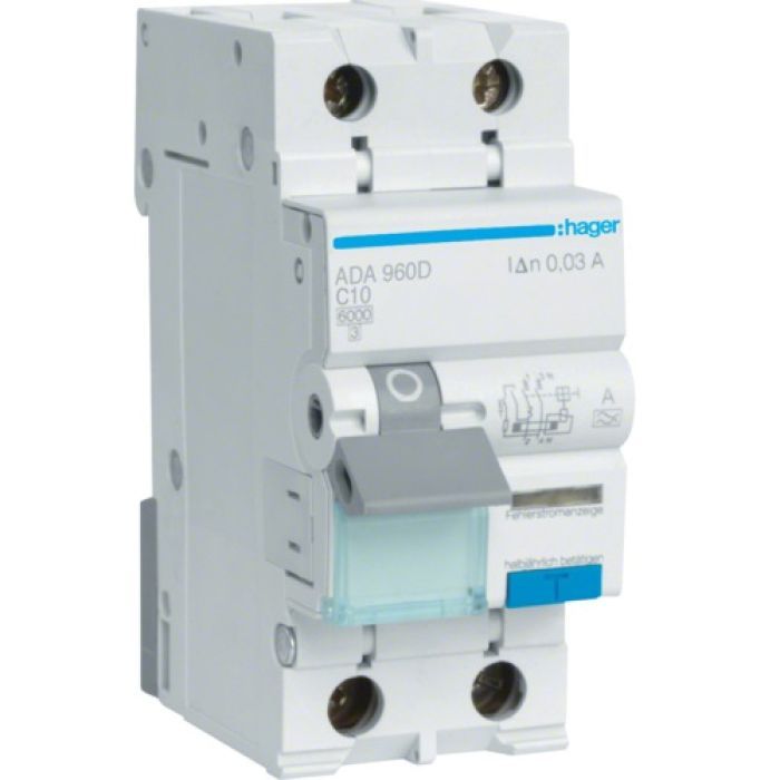 Дифференциальный автоматический выключатель Hager 1-п.+N 10A C 30mA (6kA) A (A) (ADA960D)