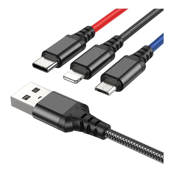 Дата кабель USB 2.0 AM to Lightning + Micro 5P + USB-C 1.0m 2A nylon black+red+blue HOCO (6931474768636)
