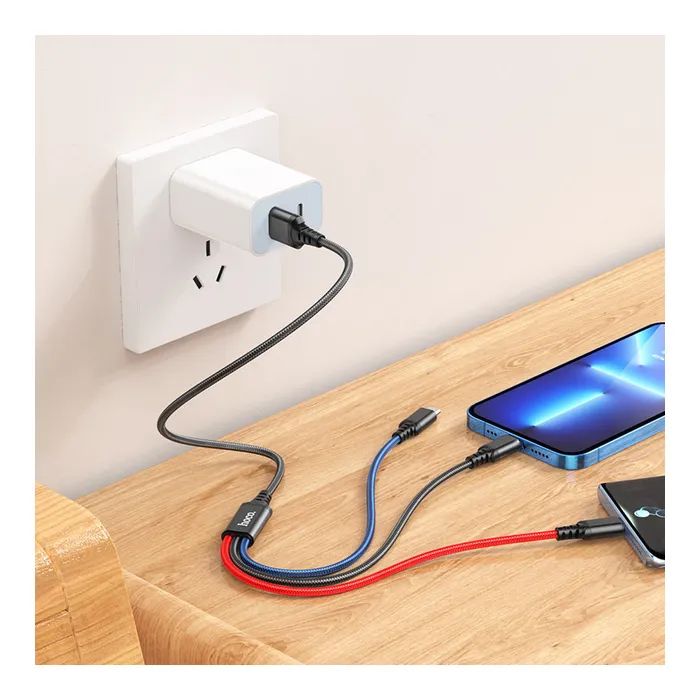 Дата кабель USB 2.0 AM to Lightning + Micro 5P + USB-C 1.0m 2A nylon black+red+blue HOCO (6931474768636) зображення 2