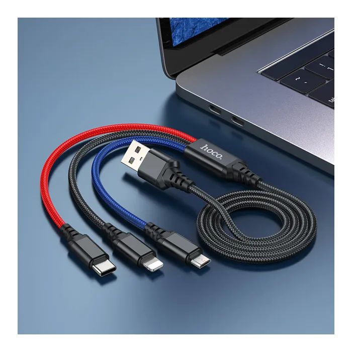 Дата кабель USB 2.0 AM to Lightning + Micro 5P + USB-C 1.0m 2A nylon black+red+blue HOCO (6931474768636) зображення 3