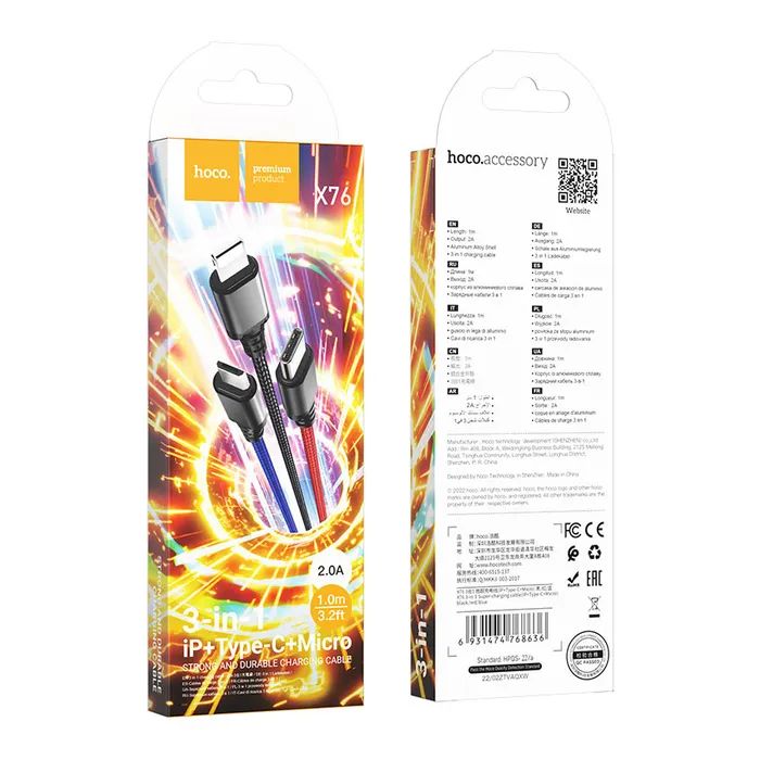Дата кабель USB 2.0 AM to Lightning + Micro 5P + USB-C 1.0m 2A nylon black+red+blue HOCO (6931474768636) зображення 4