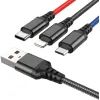 Дата кабель USB 2.0 AM to Lightning + Micro 5P + USB-C 1.0m 2A nylon black+red+blue HOCO (6931474768636)