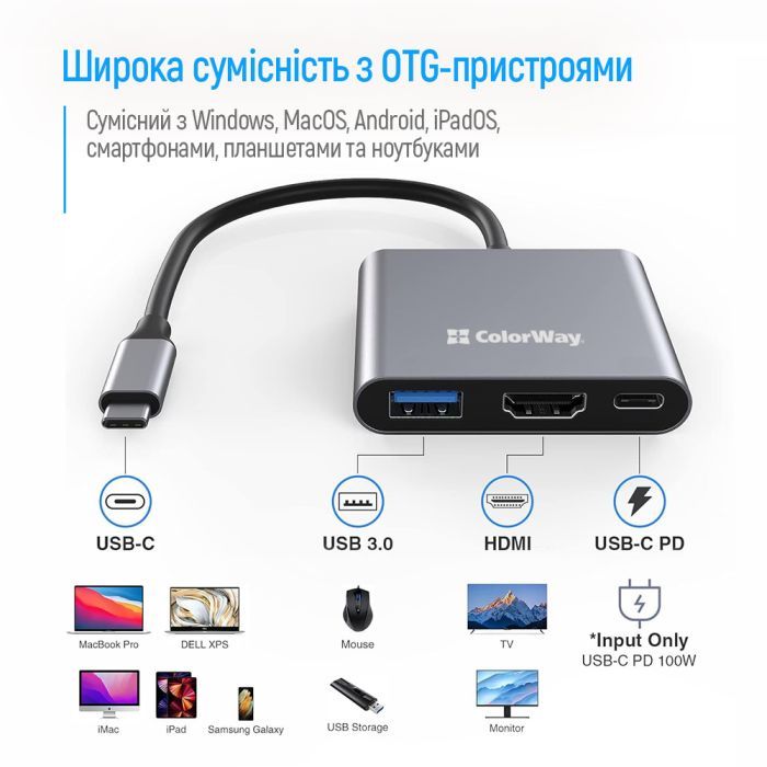 Концентратор ColorWay USB-C 3-in-1 USB 3.0 + HDMI 4K + USB-C PD100W (CW-HUB08) зображення 10