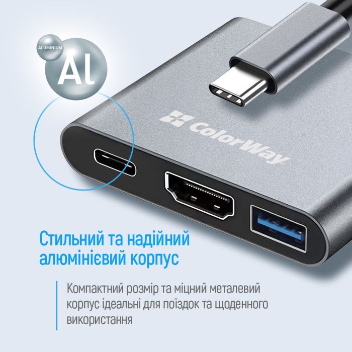 Концентратор ColorWay USB-C 3-in-1 USB 3.0 + HDMI 4K + USB-C PD100W (CW-HUB08) зображення 12