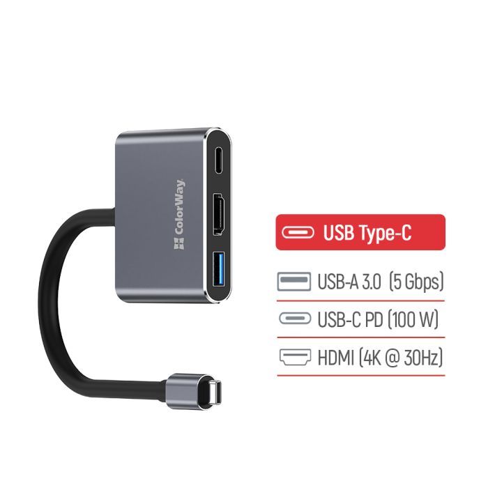 Концентратор ColorWay USB-C 3-in-1 USB 3.0 + HDMI 4K + USB-C PD100W (CW-HUB08) зображення 6