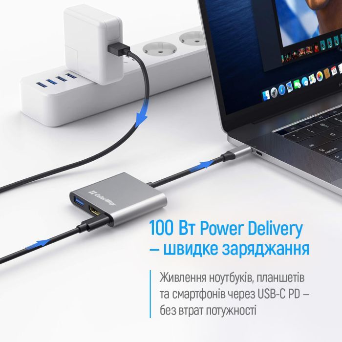 Концентратор ColorWay USB-C 3-in-1 USB 3.0 + HDMI 4K + USB-C PD100W (CW-HUB08) зображення 7