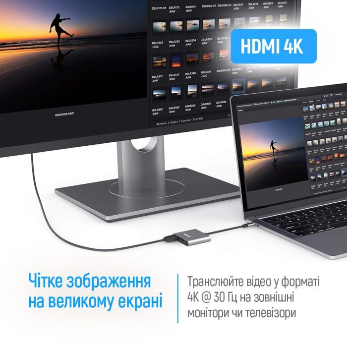 Концентратор ColorWay USB-C 3-in-1 USB 3.0 + HDMI 4K + USB-C PD100W (CW-HUB08) зображення 8