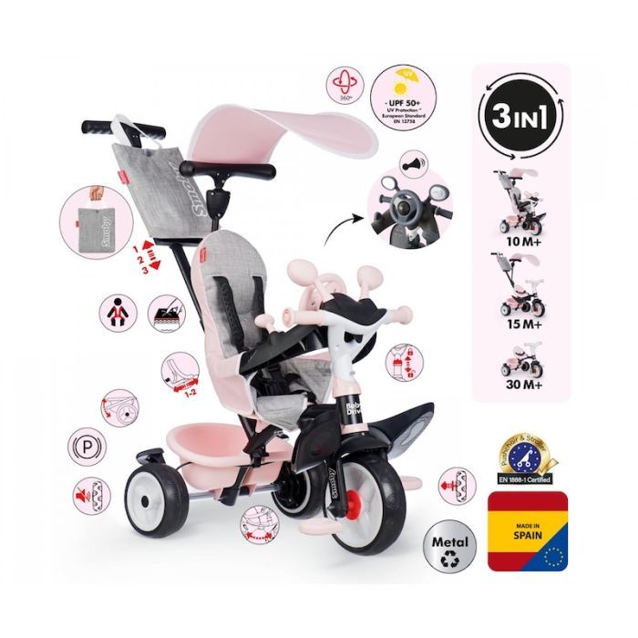 Дитячий велосипед Smoby Бебі Драйвер. Рожева перлина" з козирком, металевий (7600741504) зображення 4