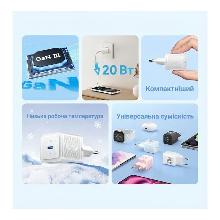 Зарядний пристрій Vention USB-C PD20W GaN black (FEPB0-EU) зображення 3