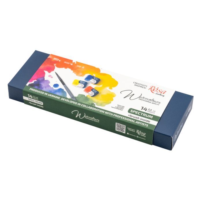Акварельні фарби Rosa Gallery SPECTRUM, 14*2,5мл, з пензлем, кювета Індіго металевий пенал (4823098544760)
