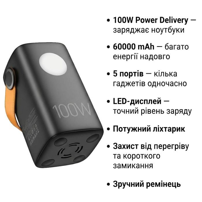 Батарея универсальная HOCO 60000mAh Astrum PD/100W, QC/3.0, LED lamp, Black (DB160 / 714724) изображение 4