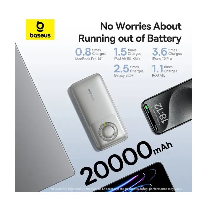 Батарея універсальна Baseus Free2Pull 20000mAh 65W, PD/3.0, QC/3.0, Lunar gray (P10073700843-00) зображення 9