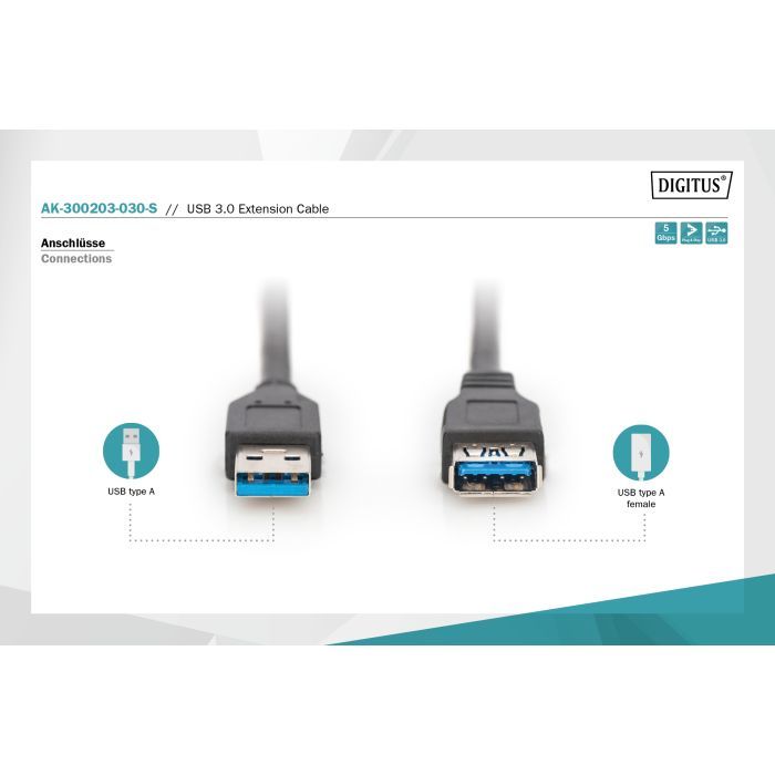 Дата кабель USB 3.0 AM/AF 3.0m black Digitus (AK-300203-030-S) изображение 3
