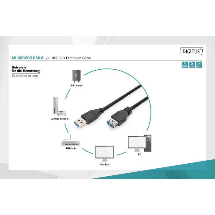 Дата кабель USB 3.0 AM/AF 3.0m black Digitus (AK-300203-030-S) изображение 4