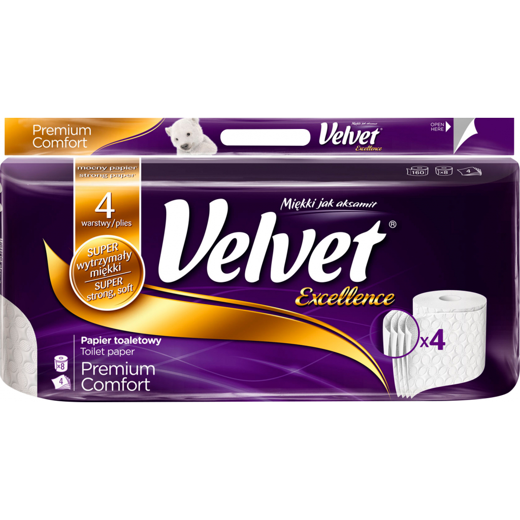 Туалетний папір Velvet Excellence Преміум комфорт 4 шари 8 рулонів 160 відривів (5901478004888)