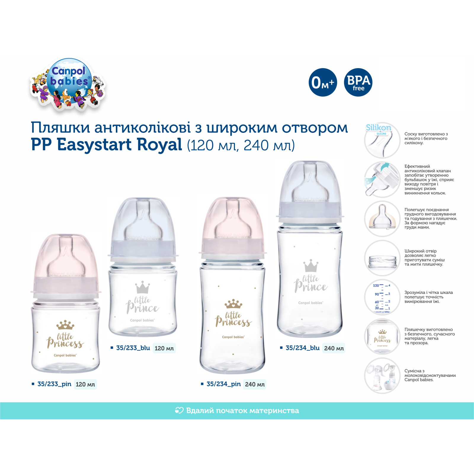 Бутылочка для кормления Canpol babies Royal Baby с широким отверстием 240 мл Розовая (35/234_pin) изображение 4