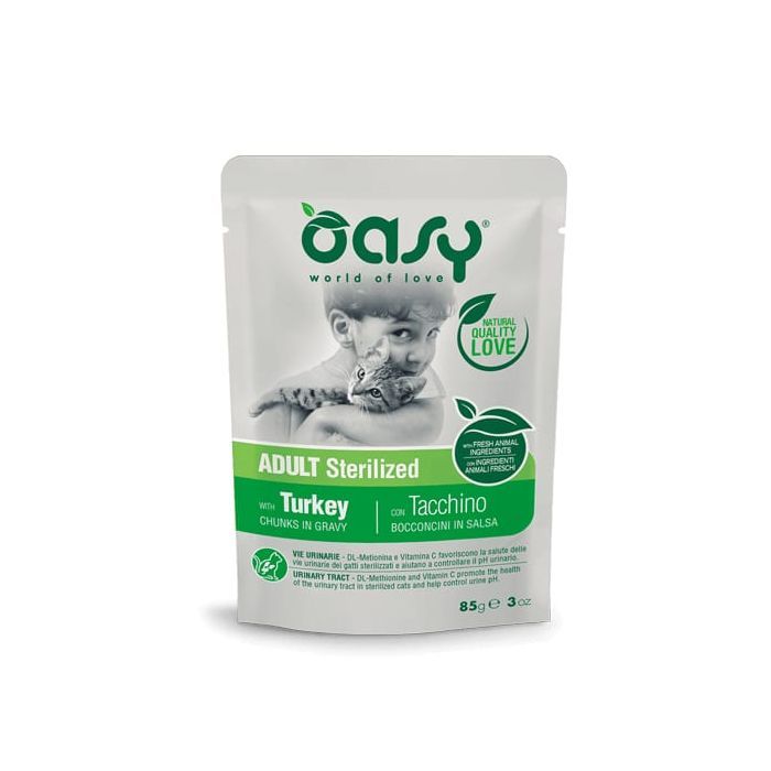 Влажный корм для кошек OASY Adult Sterilized с индейкой 85 г (8054329510308)