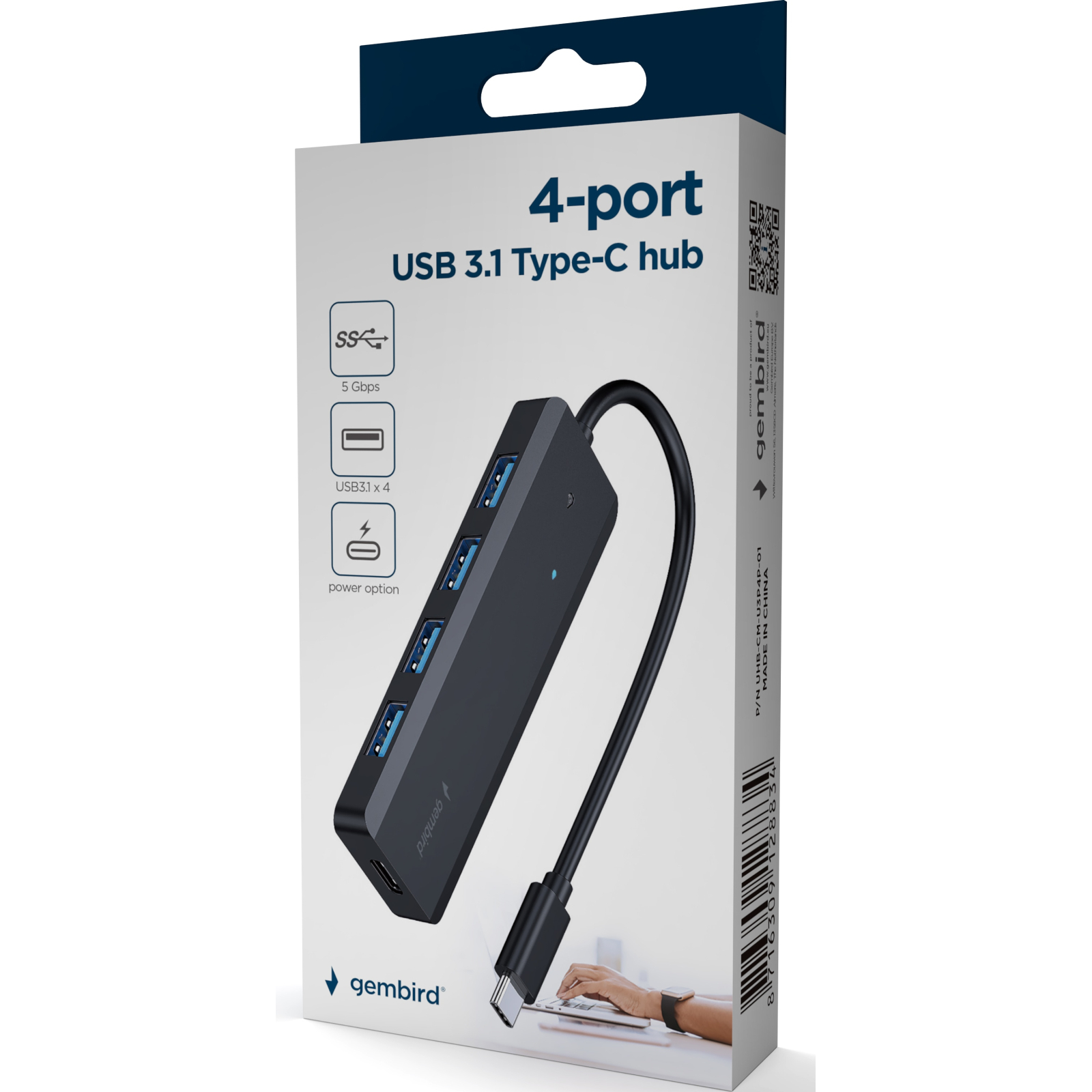 Концентратор Gembird 4 ports USB 3.1,USB-C, USB-C PD (UHB-CM-U3P4P-01) зображення 3
